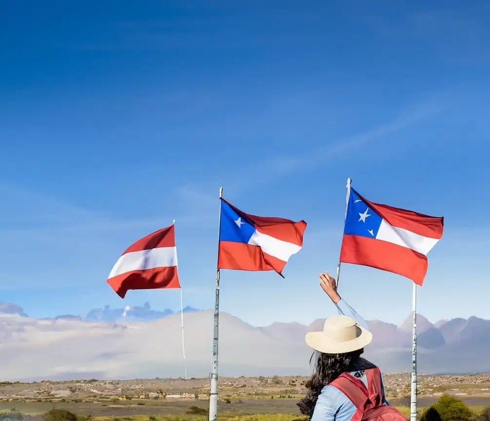 traveler visits Chile only Chilean flags in the distance and finds out the official time in Chile