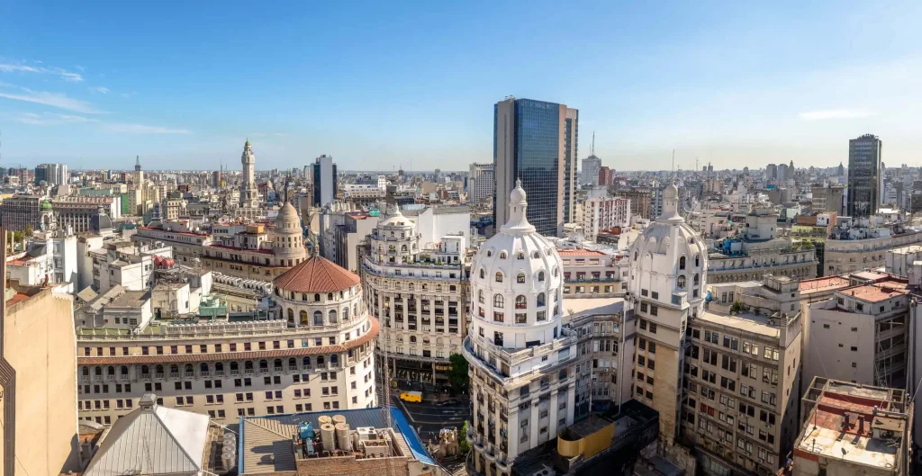 A panoramic aerial view of downtown Buenos Aires, Argentina, captured at a specific time in Argentina. A great view of the downtown Buenos Aires and it lavish buildings.